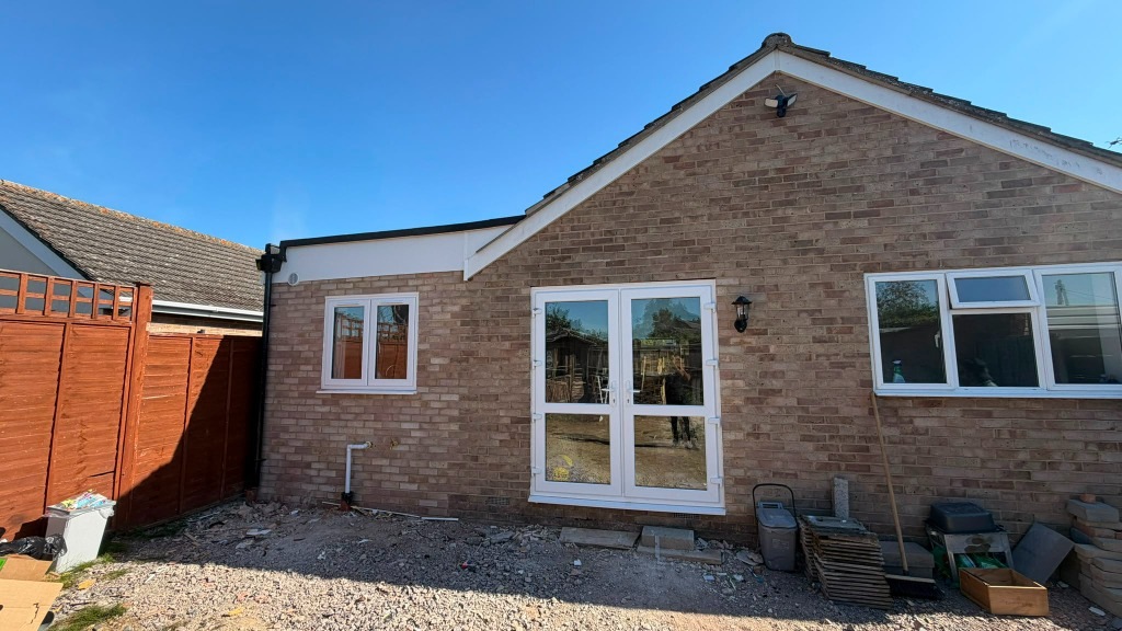 Completed Kidlington single-storey bungalow rear extension with French patio doors